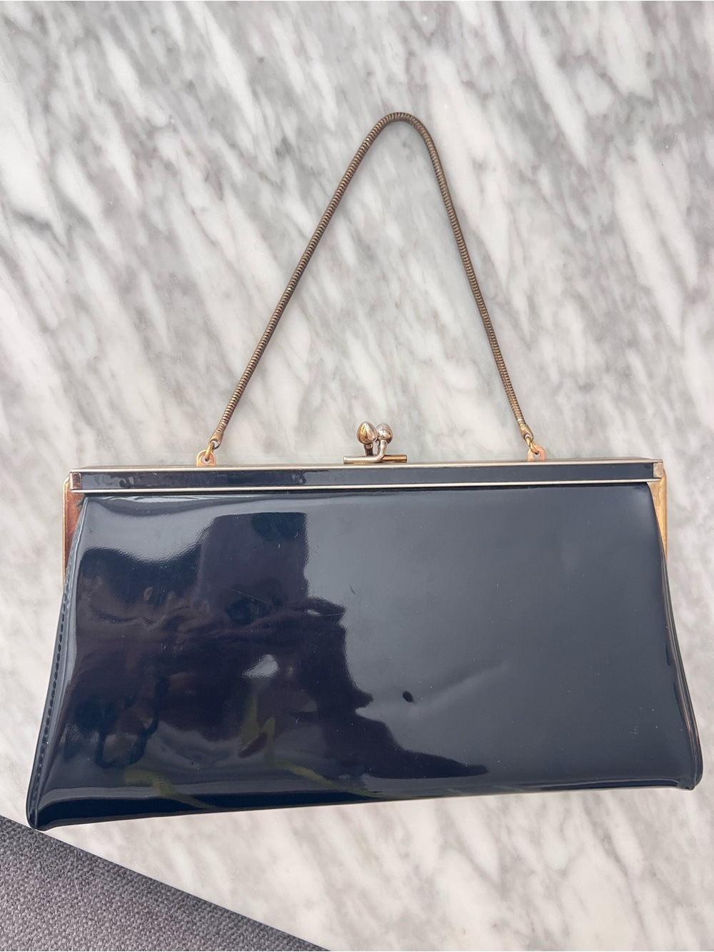 Vintage Navy Patent Evening Clutch with Gold Hardware